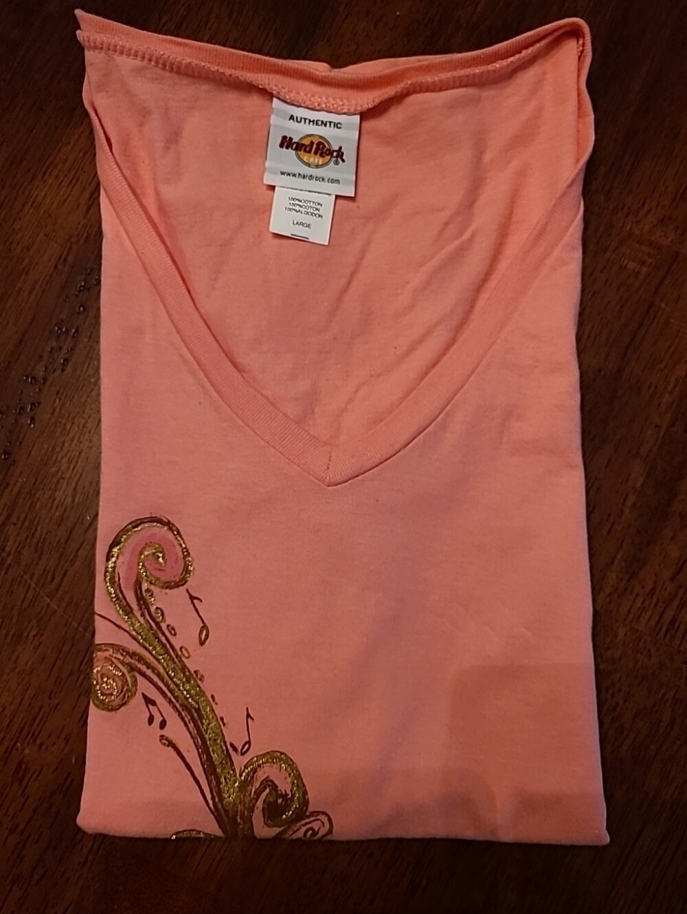 Vintage Peach Hard Rock  V-Neck Tee with Gold Accent Sz.Large